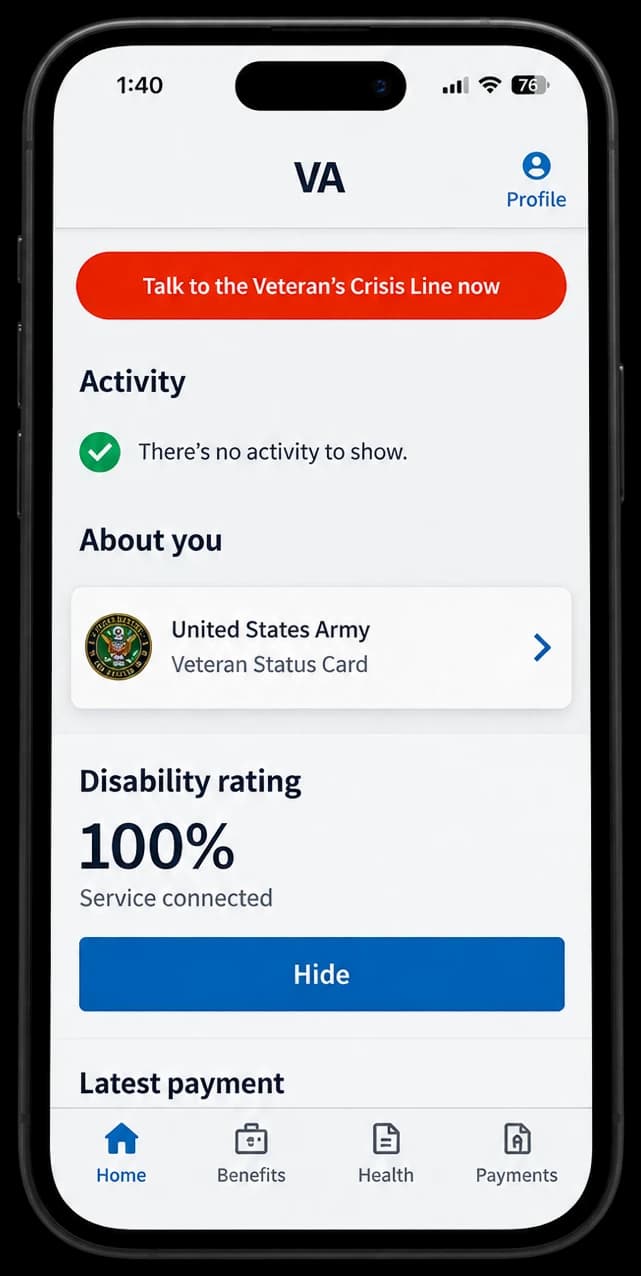 The VA app on Kris Green\u2019s phone: disability rating 100%, service connected